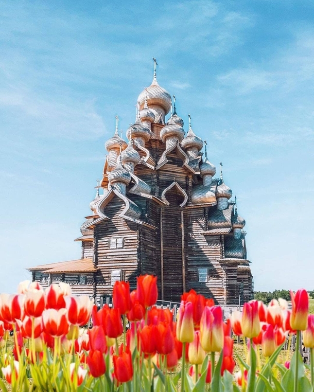 This th century church in Kizhi Island in Russia was made entirely of interlocking wood pieces and no nails