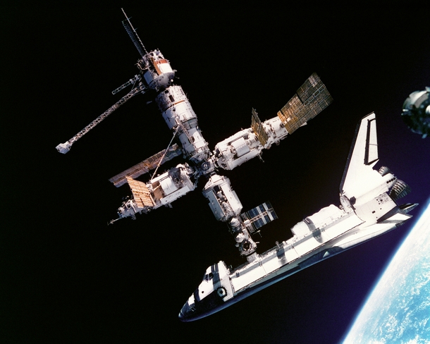 This view of the Space Shuttle Atlantis still connected to Russias Mir Space Station was photographed by the Mir- crew on July   