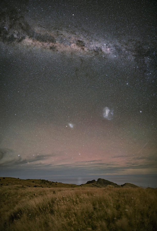 Three galaxies aurora australis and a cheeky meteor over Banks Peninsula Canterbury New Zealand 