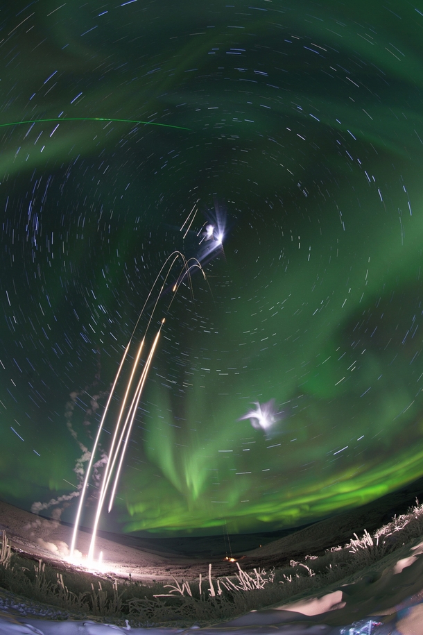 Time lapse composite photo of four NASA suborbital sounding rockets launched from the University of Alaskas Poker Flat Research Range on Jan th 