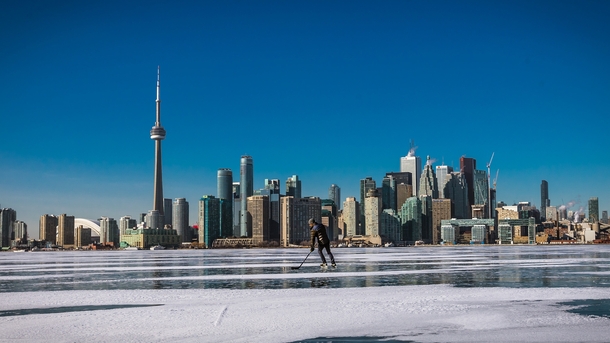 Toronto skyline from frozen Lake Ontario 