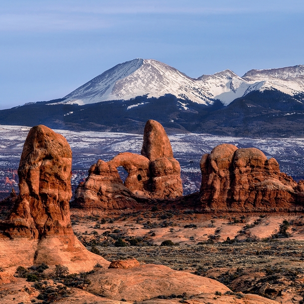 Turret Arch and the La Sal Mountains Arches National Park Utah 