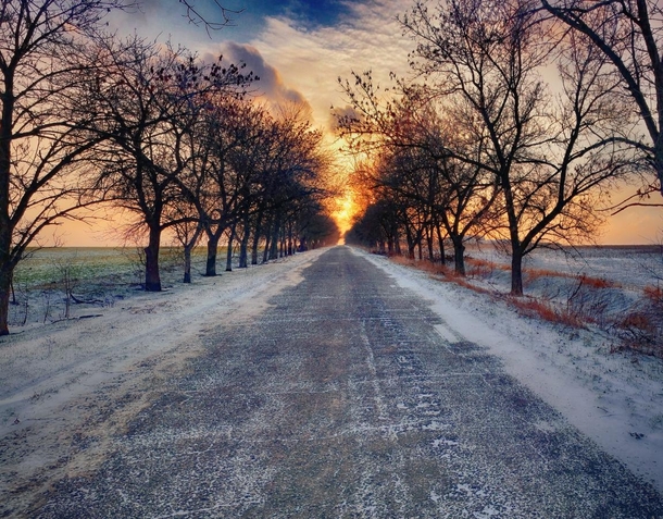 Twilight on a winter highway Ukraine