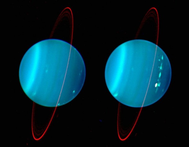 Two Views of Uranus Rings A composite image of the two hemispheres of Uranus The component colors of blue green and red were obtained from images made at near infrared wavelengths 