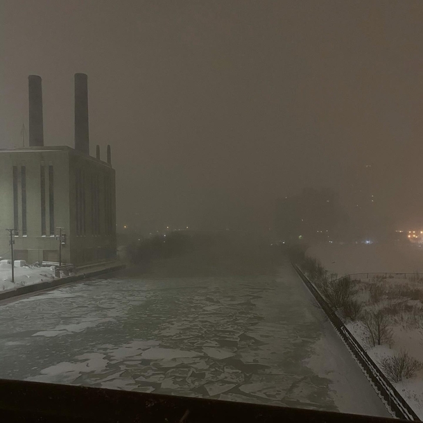 Union Station Power House along the Chicago River during a snow storm