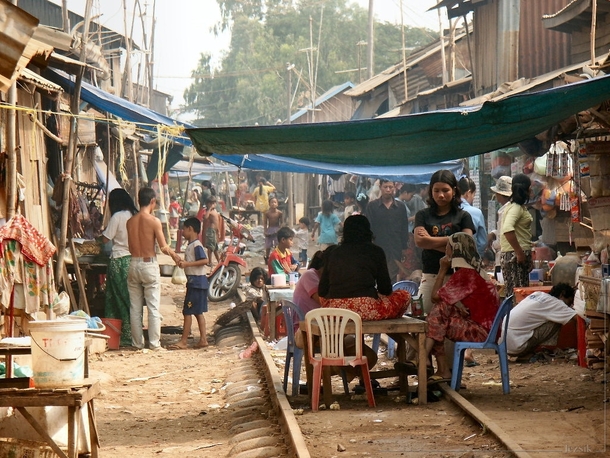 Unused track serving as a market in Cambodia 