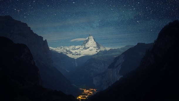 Valley of the Stars A starry night above the Matterhorn as seen from the Lauterbrunnen valley 