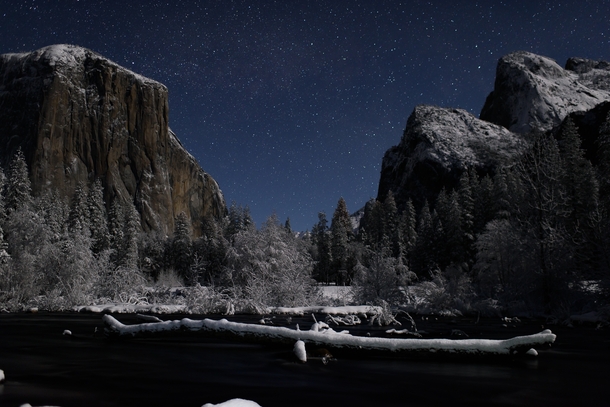 Valley View in Yosemite illuminated by the moon after a winter snow 
