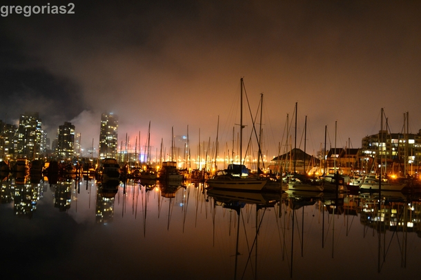 Vancouver Canada Foggy night at a marina in False Creek 