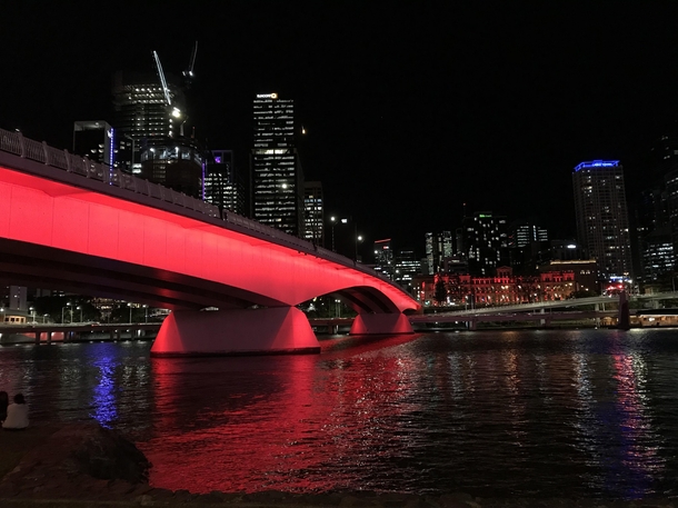 Victoria Bridge in Brisbane AU Its lit up by LEDs or something and so is constantly changing colors irl