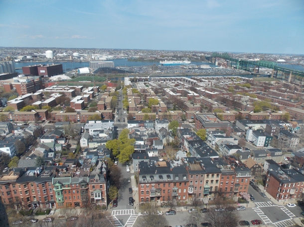 View from Bunker Hill Monument--overlooking Charlestown Mystic River and Tobin Bridge near Boston Massachusetts 