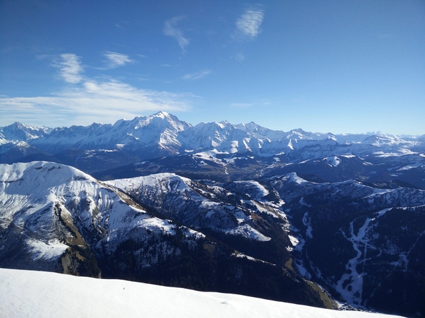 View of Mont Blanc mountain range with less snow than usual from La Balme peak m at La Clusaz ski resort French Alps  