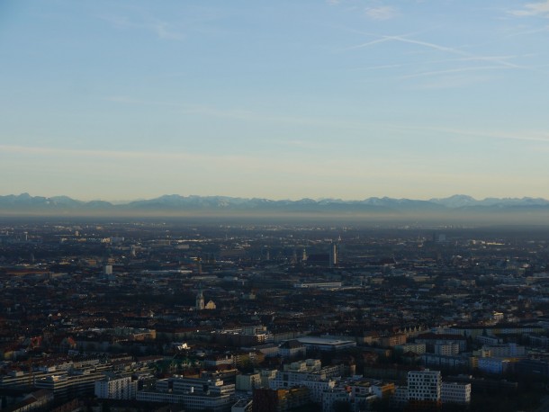 View of Munich with the Alps from the Olympic Park Tower OC x