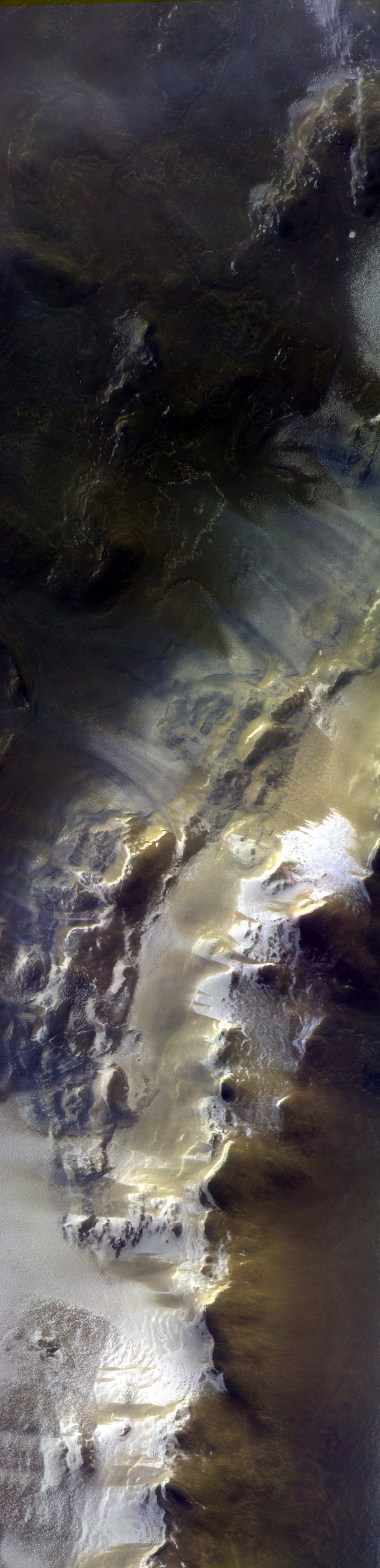 View of the rim of Korolev crater captured by ESAs ExoMars on  April  The image is a composite of three images in different colours that were taken almost simultaneously They were then assembled to produce this colour view