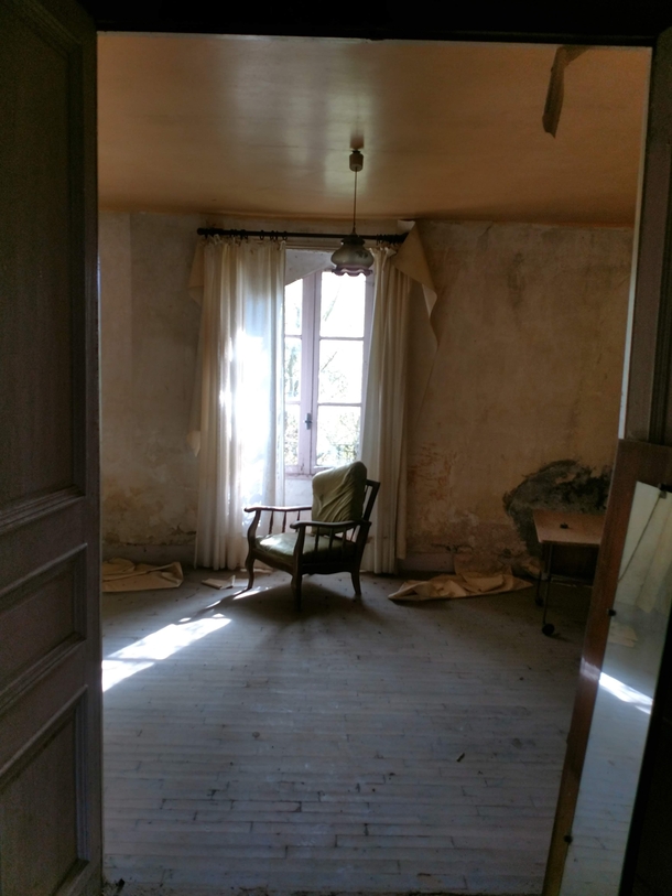 Visited an Abandoned house in Brittany France this chair inspired me The house was abandoned due to water damage the water would flood the ground level as you can see on the walls hope youll like it Found fun stuff upstairs 