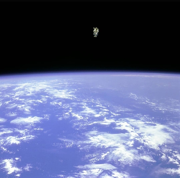 Wait Where is Bruce  The white dot on the pic is Bruce McCandless becoming the first satellite man in  How would you feel if you were him  The ultimate space experience  Picture by NASA 