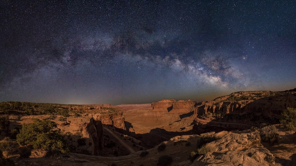 Waited on the edge of the cliff for a few hours waiting for the moon to set enough to be able to see both the canyon and the stars Canyonlands Utah 