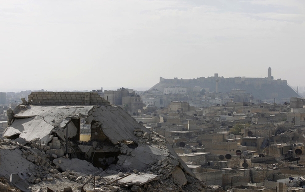 War-damaged buildings in Aleppos Karm al-Jabal district on November   