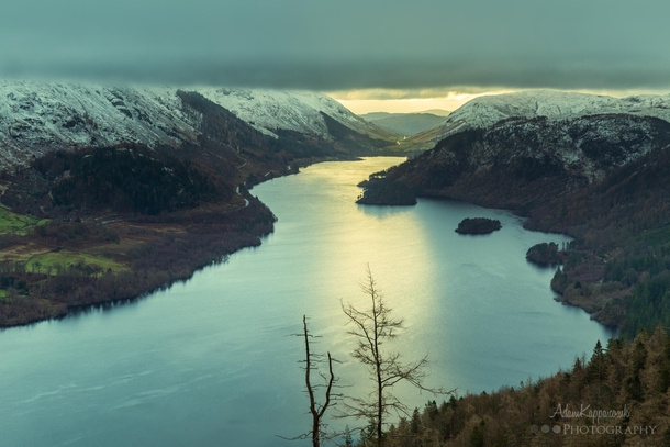 Watching the sunrise over Thirlmere and the snow-capped hills The Lake District 