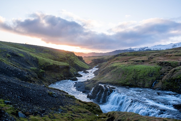 Waterfall at sunset in rsmrk Iceland 
