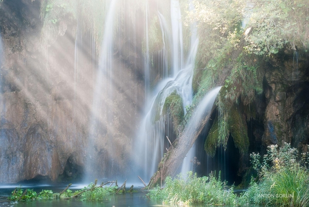 Waterfall in Croatia Plitivice Lakes with the Sun rays 