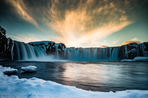 Waterfall of Gods during sunset in late winter - Goafoss in Iceland   Instagram glacionaut