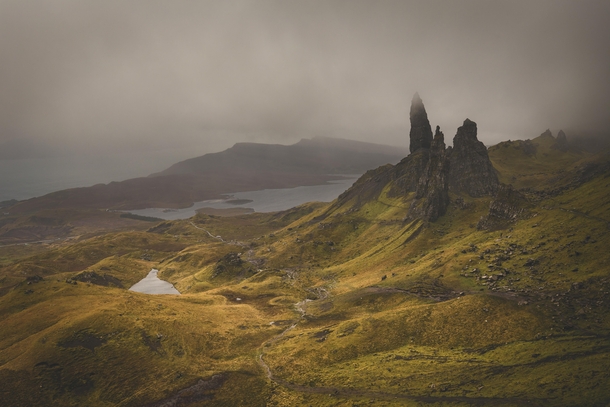 We see these magnificent shots of The Old Man of Storr in a gorgeous sunrise I went and had a look what it looks like on a typical dark gloomy day on the Isle of Skye Wasnt disappointed 