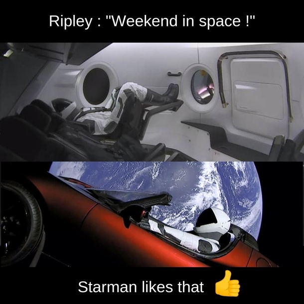 Well SpaceXs Crew Dragon wont be totally empty as Ripley dummy will be the passenger Have a nice weekend in space Ripley  Original pics by SpaceX text by From Space With Love 