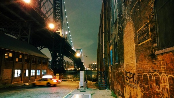 Williamsburg Bridge at night as seen from Wythe Avenue Williamsburg Brooklyn 