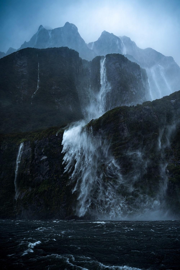 Windswept waterfalls Milford Sound New Zealand OC x williampatino_photography