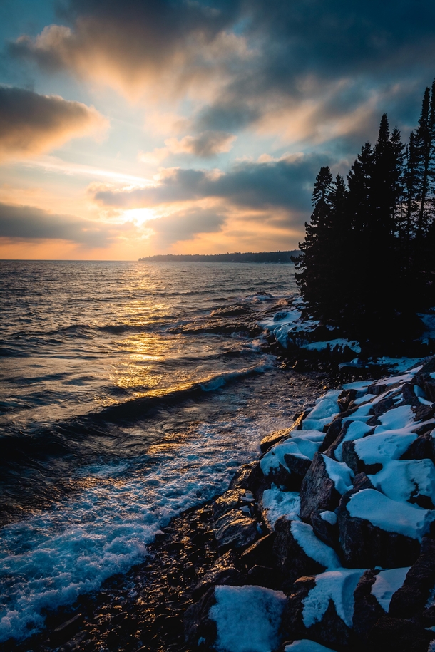 Winter Sunset On Lake Superiors North Shore 