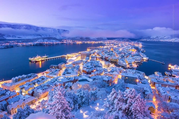 Winter wonderland in Aalesund Norway Aksla viewpoint 