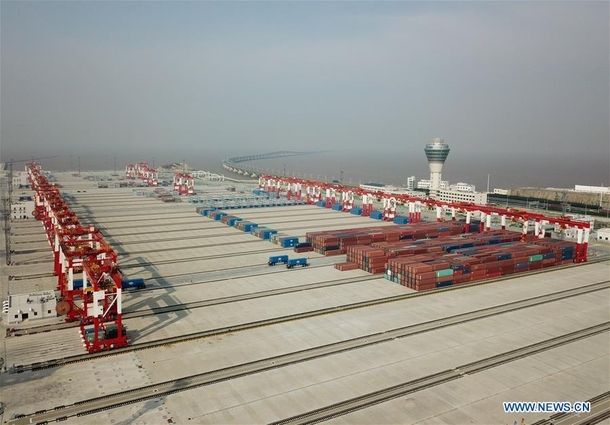 Worlds largest automated container terminal on an artificial island  kilometers off the coast of Shanghai China