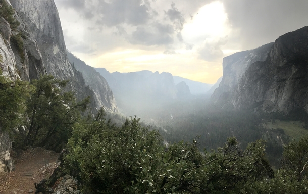 Yosemite Valley looking like a Jurassic World after a midday rain View from the Four Mike Trail 
