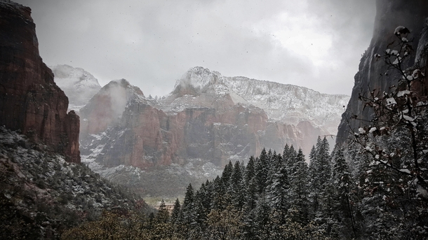 Zion National Park snow topped mountains 