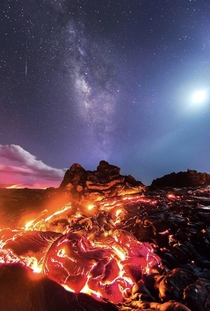  A meteor The Milky Way The Moon and The lava flow together