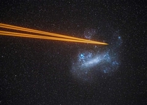  lasers of a Paranal observator telescope pointing towards a globular cluster in the large magellanic cloud 