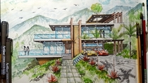 Storey with Roof Deck on Hills  point perspective  watercolor rendering