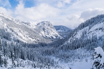 A beautiful winter wonderland on the way to Snow Lake in Snoqualmie Pass WA 