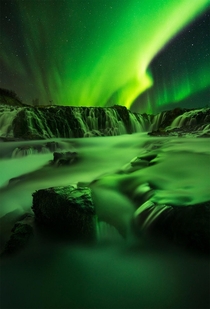 A brief yet intense display of the aurora over Bruarfoss Iceland OC x williampatino_photography