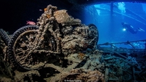 A British WWII BSA M motorbike in the hold of the Thistlegorm which lies off Egypt in the Red Sea Credit Anders Nyberg
