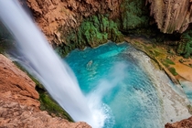 A classic Havasupai waterfall from a heart pounding location  x