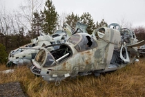 A collection of abandoned Mil MI- Hind helicopters in Ukraine
