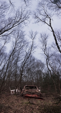 A friend of mine told me about an abandoned car in the woods not far from his home This is what we found said to be standing here for about  years now