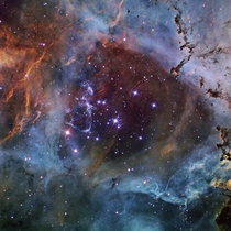 A gorgeous picture showing an open cluster of stars in the heart of the Rosette Nebula 