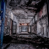 A hallway in an abandoned religious school