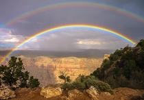 A magnificent double rainbow over the South Rim of the Grand Canyon OC x 