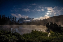 A Midnight Moonlit View of Mount Shuksan over Picture Lake from Mount Baker in Washington State  By J William Belfield Photography