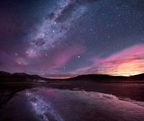 A Milky Way sunset reflecting in the El Taito Geyser Field located  feet high in the Atacama Desert Chile Totally worth the oxygen deprivation and - degree weather 