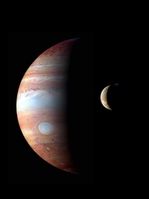 A montage of New Horizons images of Jupiter and its volcanic moon Io taken during the spacecrafts Jupiter flyby in early  The image shows a major eruption in progress on Ios night side at the northern volcano Tvashtar 